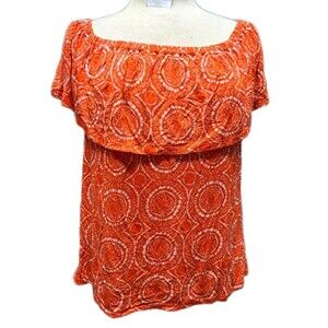 MICHAEL KORS Women's Fiesta Orange Top Size L Geo Print Elastic Scoop Neck Tunic